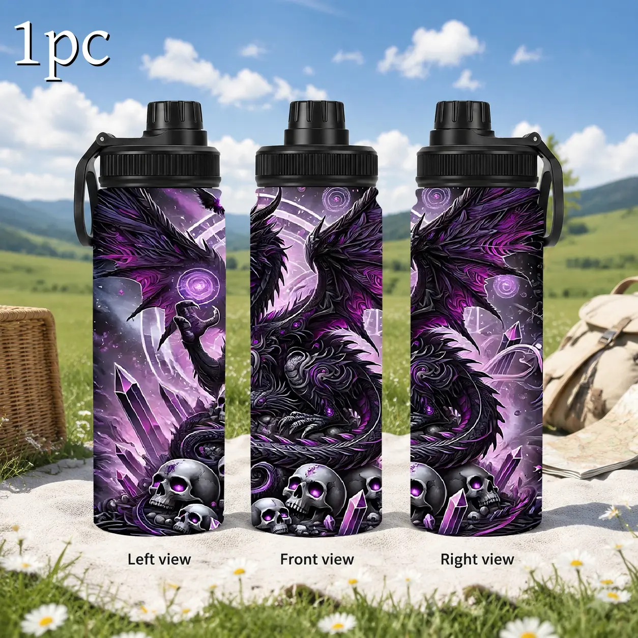 1pc 20/32oz Horror Dragon Skull Purple Crystal Full Wrap Print Stainless Steel Tumbler, Halloween - Outdoor Camping Leakproof Portable Insulated Flask, Stainless Steel Flasks for Daily Travel Camping, Cool Gothic Fantasy Themed Gift for Dragon Art Lovers