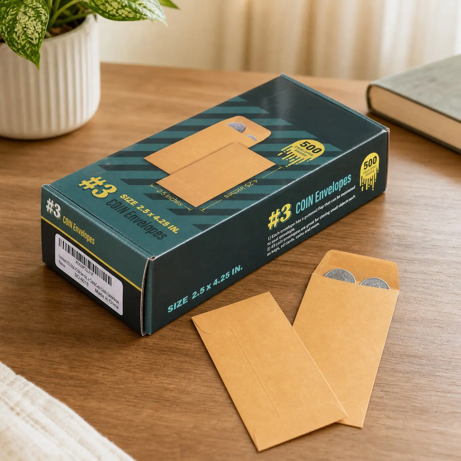 500 Pack #3 Brown Kraft Coin Envelopes 2.5 x 4.25 Inches, Self Adhesive Gummed Flap for Coins, Cash, Credit Cards, Seeds(Gift)