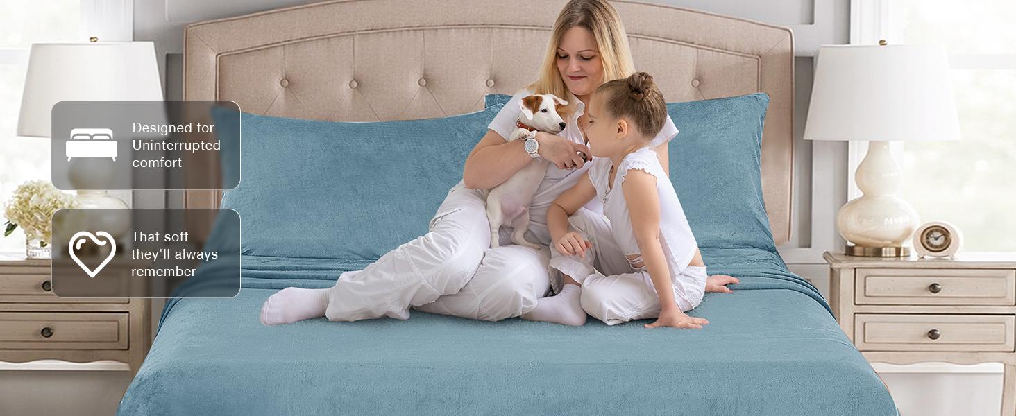Fleece Sheets Queen Size, Flannel Like Soft, Fuzzy Warm Plush Sheets, Velvet Microfleece Bedding for Winter, Light Blue