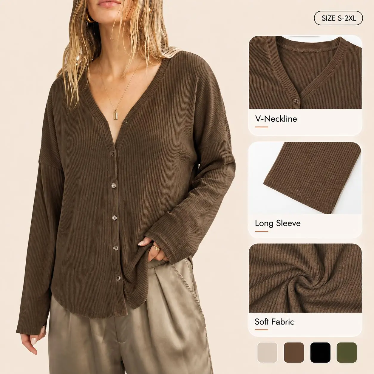 Imily Bela Women's V Neck Ribbed Knit Top Button Front Long Sleeve Cardigan Loose Fit Fall Fashion Knit Top