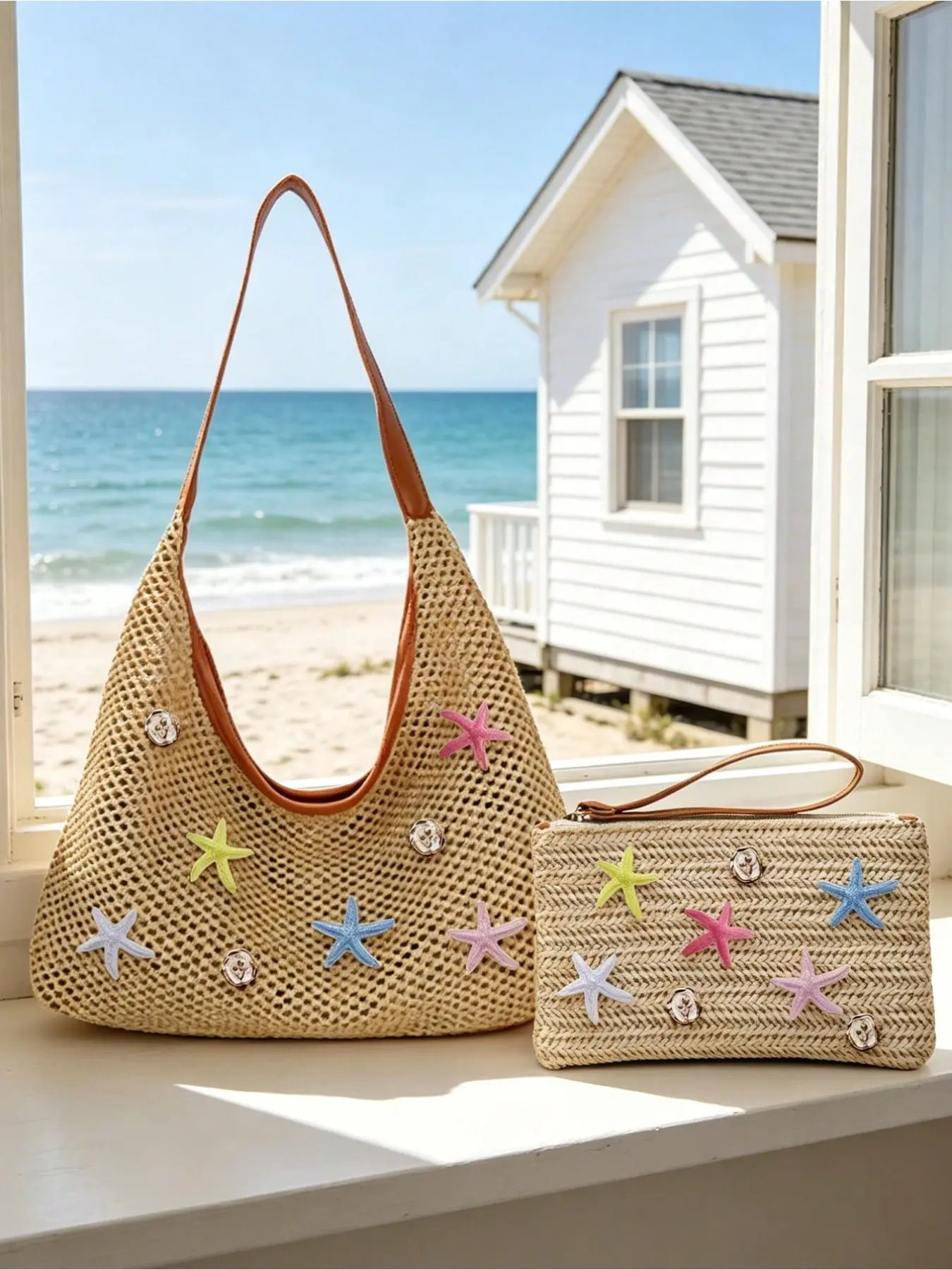 2Pcs Boho Starfish Canvas Tote & Wristlet Woven rattan shoulder bag with matching clutch, large capacity for swimwear & daily items. Perfect for beach, travel and daily outings, ideal summer gift for birthdays & bridesmaids.