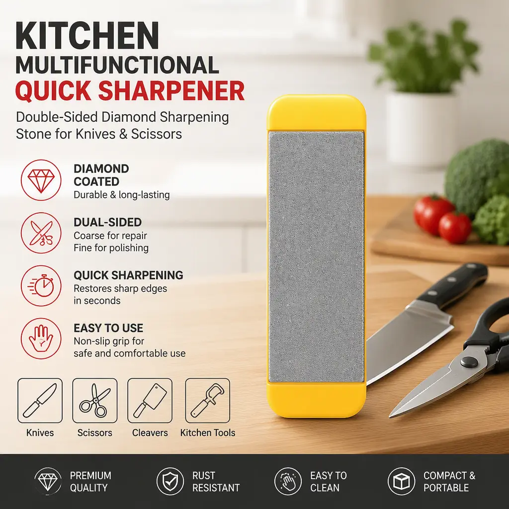 Diamond Sharpening Oil Stone, Household Double‑Sided Multitool Sharpener for Kitchen Knives and Scissors