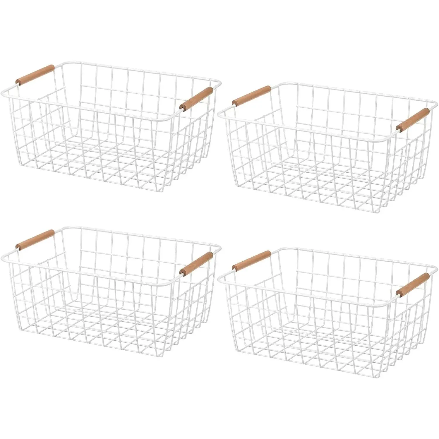 Kitchen Wire Basket, 4 Pack Pantry Organization Metal Storage Organizer Household Refrigerator Bin with Wood Handles for Cabinets Closets Bedrooms, White