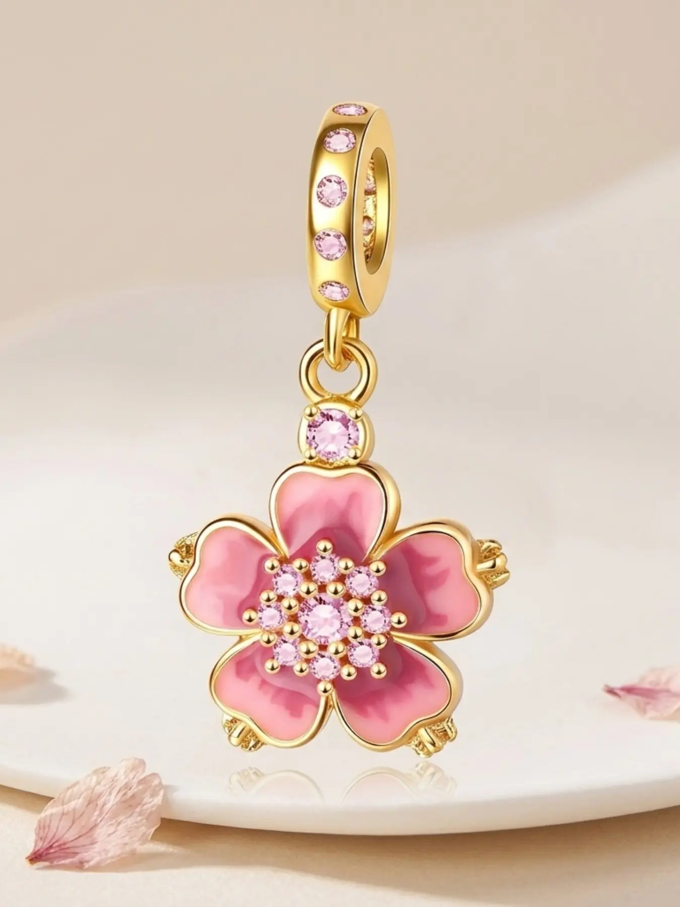 Cherry Blossom Pendant, Romantic Floral Charm, Gradient Enamel with Zircon, Ideal for Women, Flower Lovers, DIY Jewelry Gifts