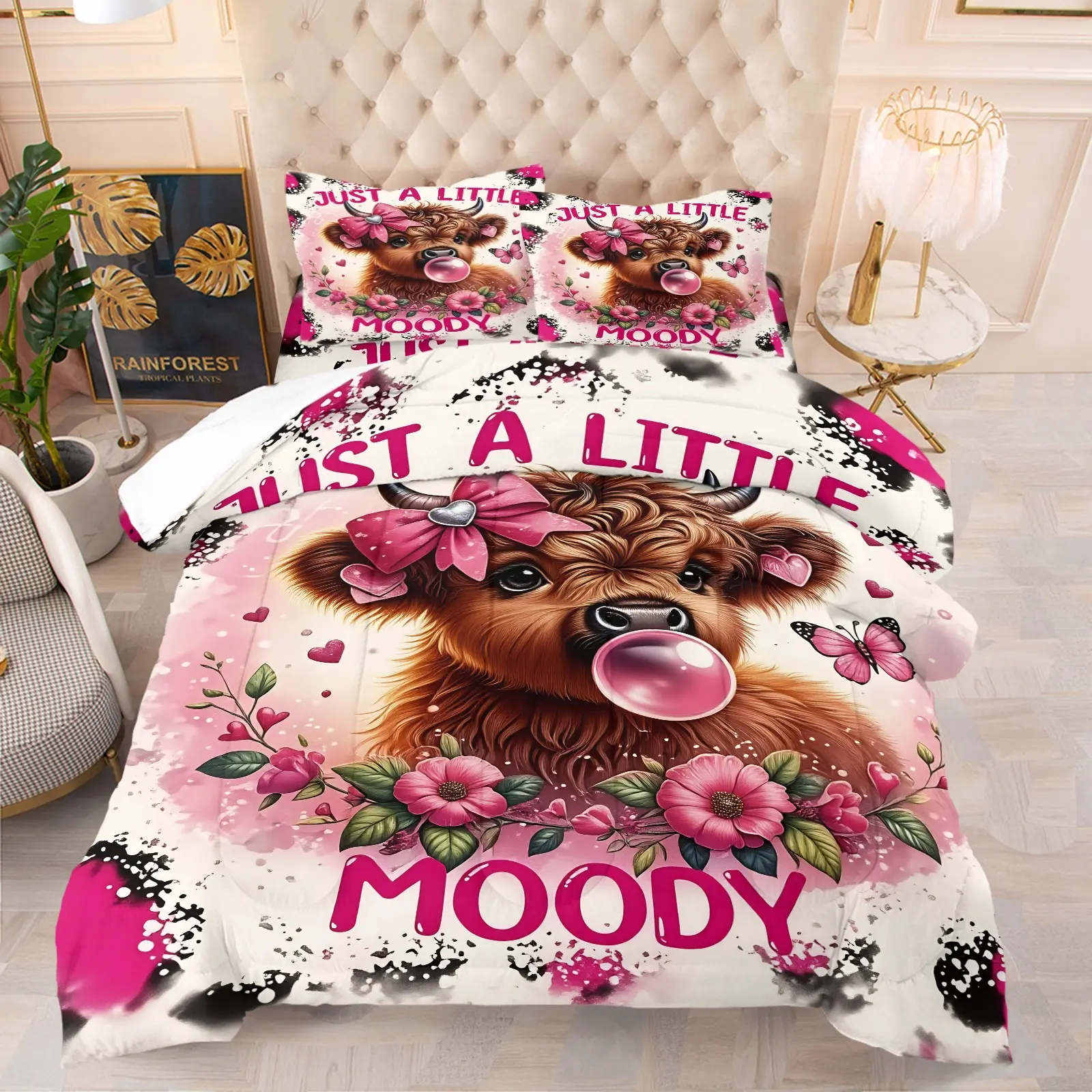Cute Cartoon Highland Cow Comforter Set, Theme Bedding Set, Comfy Bedding Sets, Bow Bubblegum Moody Text Floral Pattern, Soft Comfortable Fabric, Girls' Bedroom Decor