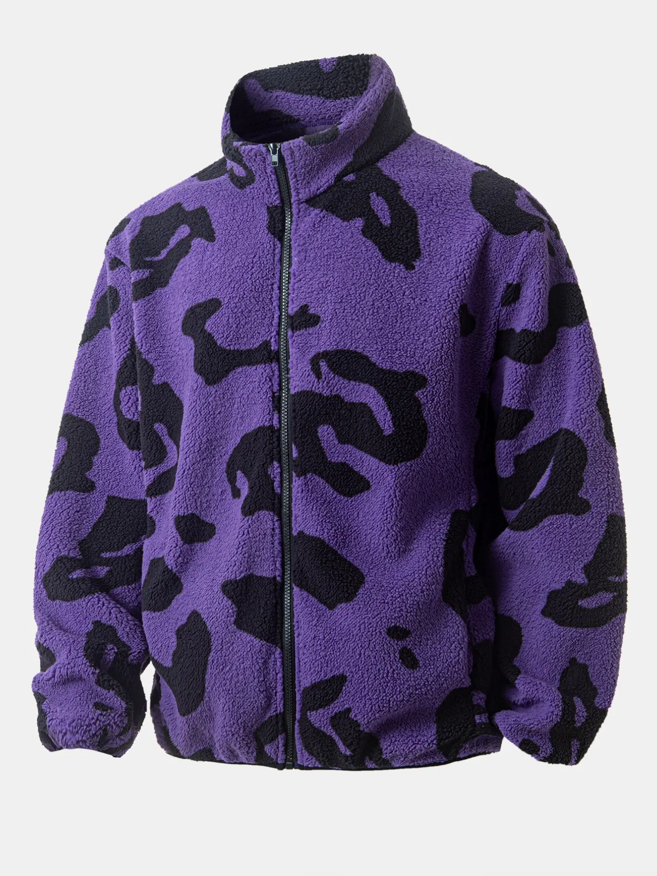 Leopard Print Fleece Jacket for Men, Full-Zip Plush Stand-Collar Outerwear, Soft Warm Loose Coat, Fashion Winter