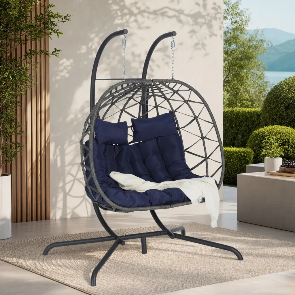 ARCH Double Egg Chair with Stand - Hanging Indoor Outdoor Wicker Rattan Basket Swing for 2, UV-Resistant Cushion, Dark Gray/Dark Blue, 600 lbs Capacity