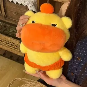 Cute Grumpy Yellow Hippo Plush Toy Set Large Stuffed Doll + Mini Keychain Pendant Fluffy Short Plush Orange Round Nose Orange Pom Pom On Top Head Orange Striped Shorts Half-Lidded Lazy Eyes Soft Flannel Stuffed Animal Bag Charm Gift For Kids Teens Girls B