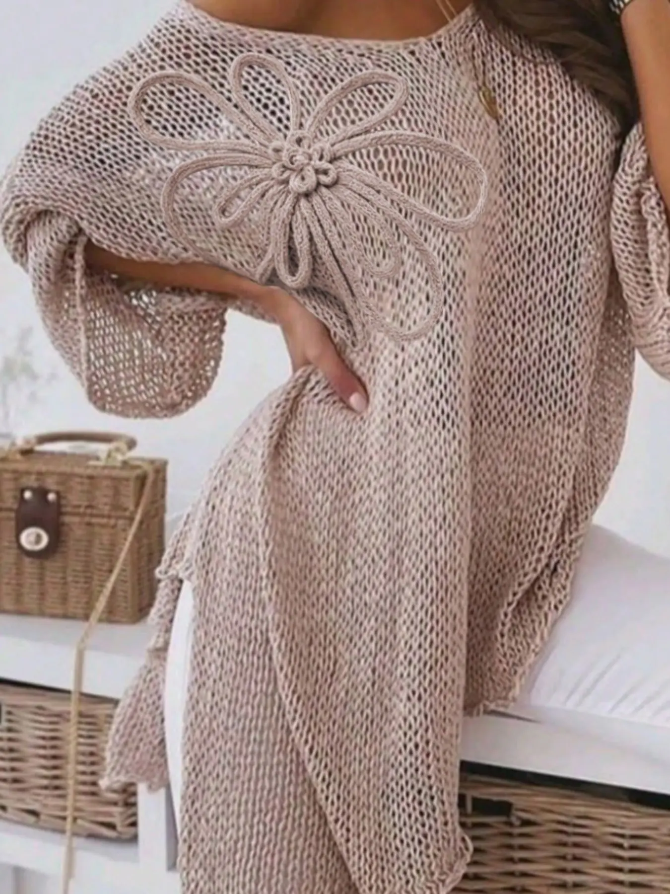 Plus Size Solid Color Casual Fall Winter Handmade Flower Large Round Neck Asymmetric Hem Knit Long Sleeve Top