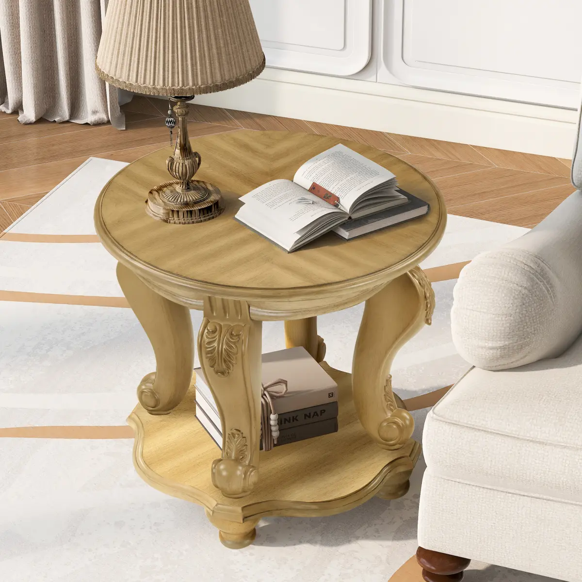 22'' Two Tone Round End Table,Solid Wood Sofa Side Table with Shelf,Living Room Corner Table Easy Assemble, Antique Natural