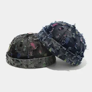 Vintage Distressed Denim Brimless Docker Hat, Ripped Grunge Patchwork Cuff Cap, Y2K Unisex Beanie
