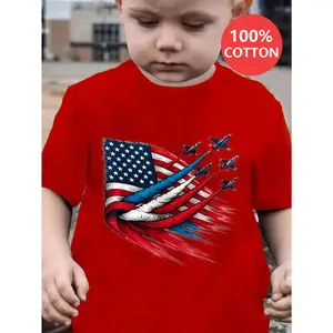 IndependenceDay Casual Style Sumer Boys 100% Contton T-Shirt American Flag And Jet Planes Design Summer Wear for Kids Gift for Patriotic Events