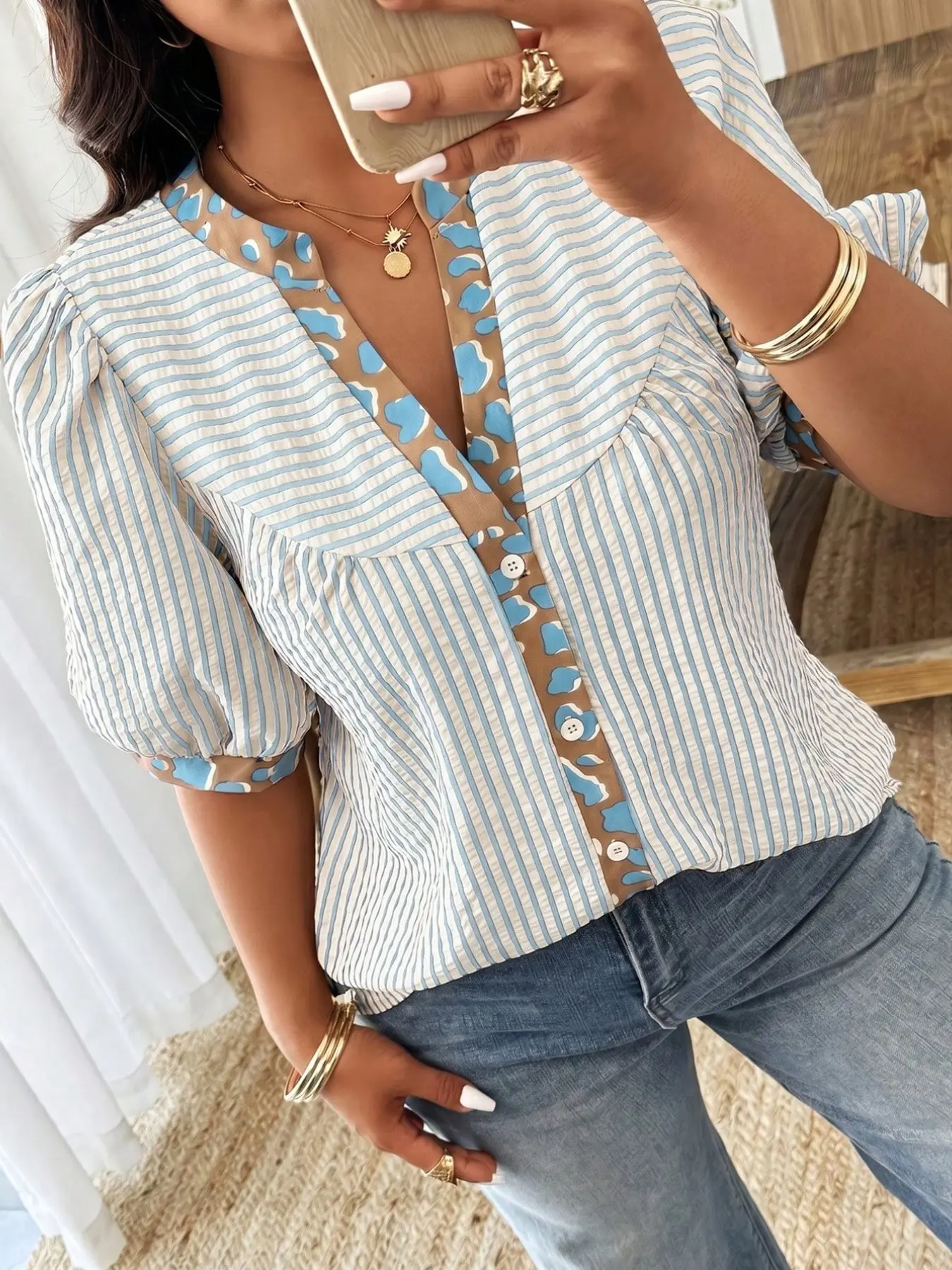 Plus Size Women's Spring Summer Collared Striped Leopard Print Casual Vacation Tops Shirt Blouse Az176, Trendy and Comfortable Design