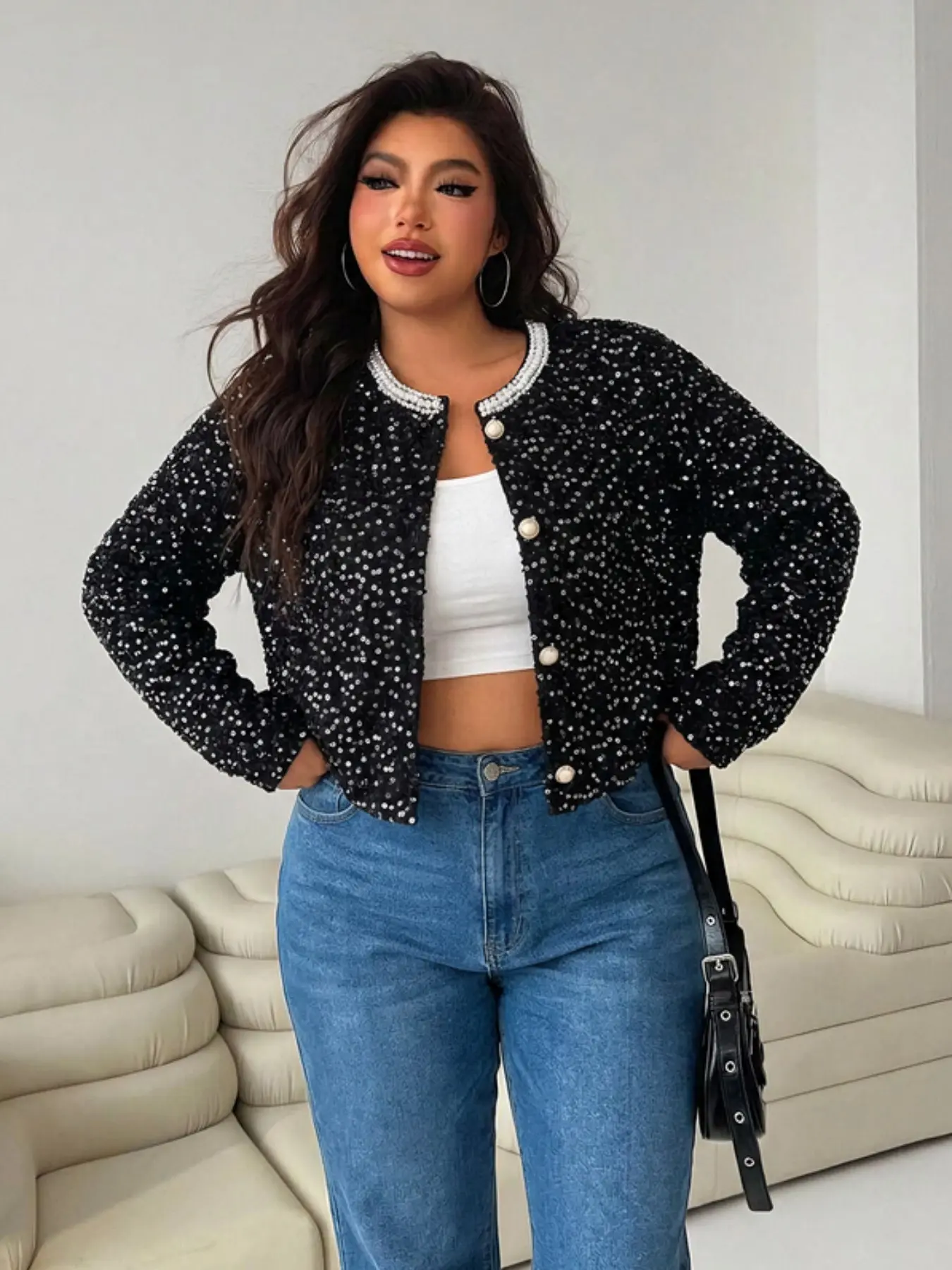 Plus Size Women's Sequin Elegant Short Coat, Button Front Beaded Long Sleeve Design, Comfortable and Stylish, Casual Daily Wear, Fashion Outerwear