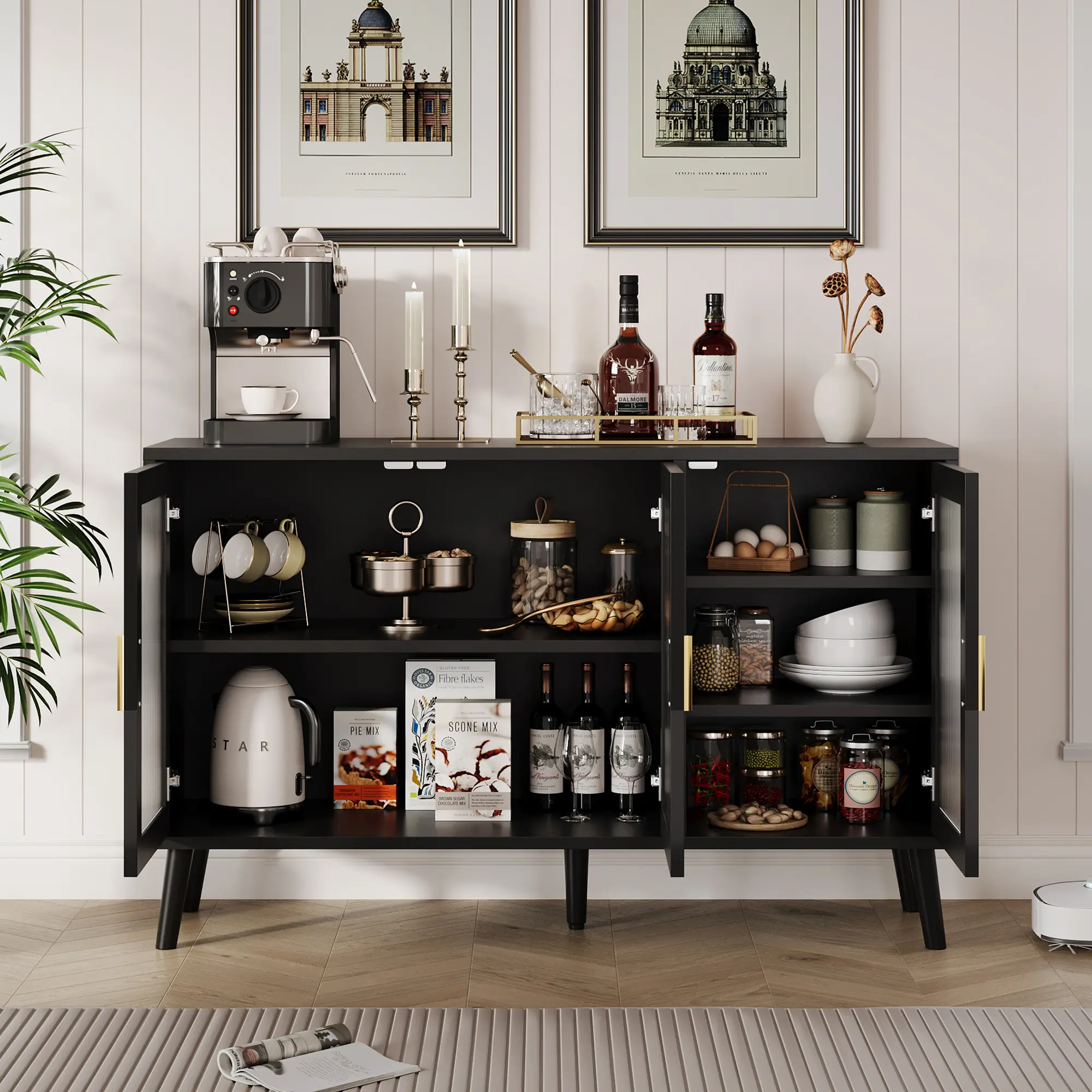 48 Inch Sideboard Buffet Cabinet Large Credenza with 3 Fluted Glass Doors and Removable Shelves for Kitchen Dining Living Room Black