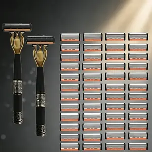 Men's 6-Blade Safety Razor Set - Includes 2 Handles & 48 Replacement Cartridges.Dermatologically gentle on sensitive skin, pairs well with shaving cream for a smooth, effortlessshave on thick, coarse beards.