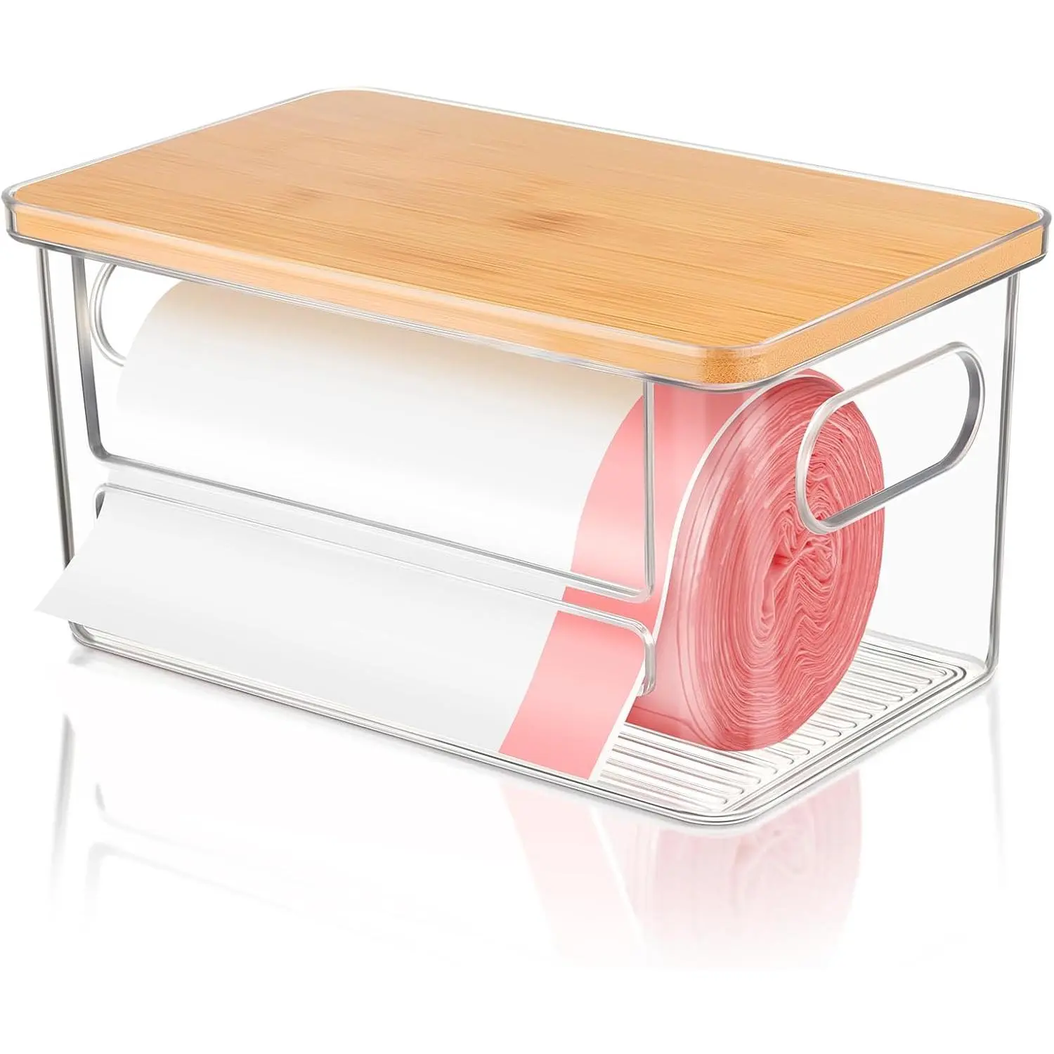 Trash Bag Holder Dispenser, Garbage Bag Dispenser with  Lid & Handles, Stackable Clear Trash Bag Organizer Under Sink for Kitchen, Pantry, Laundry Room, Cabinet
