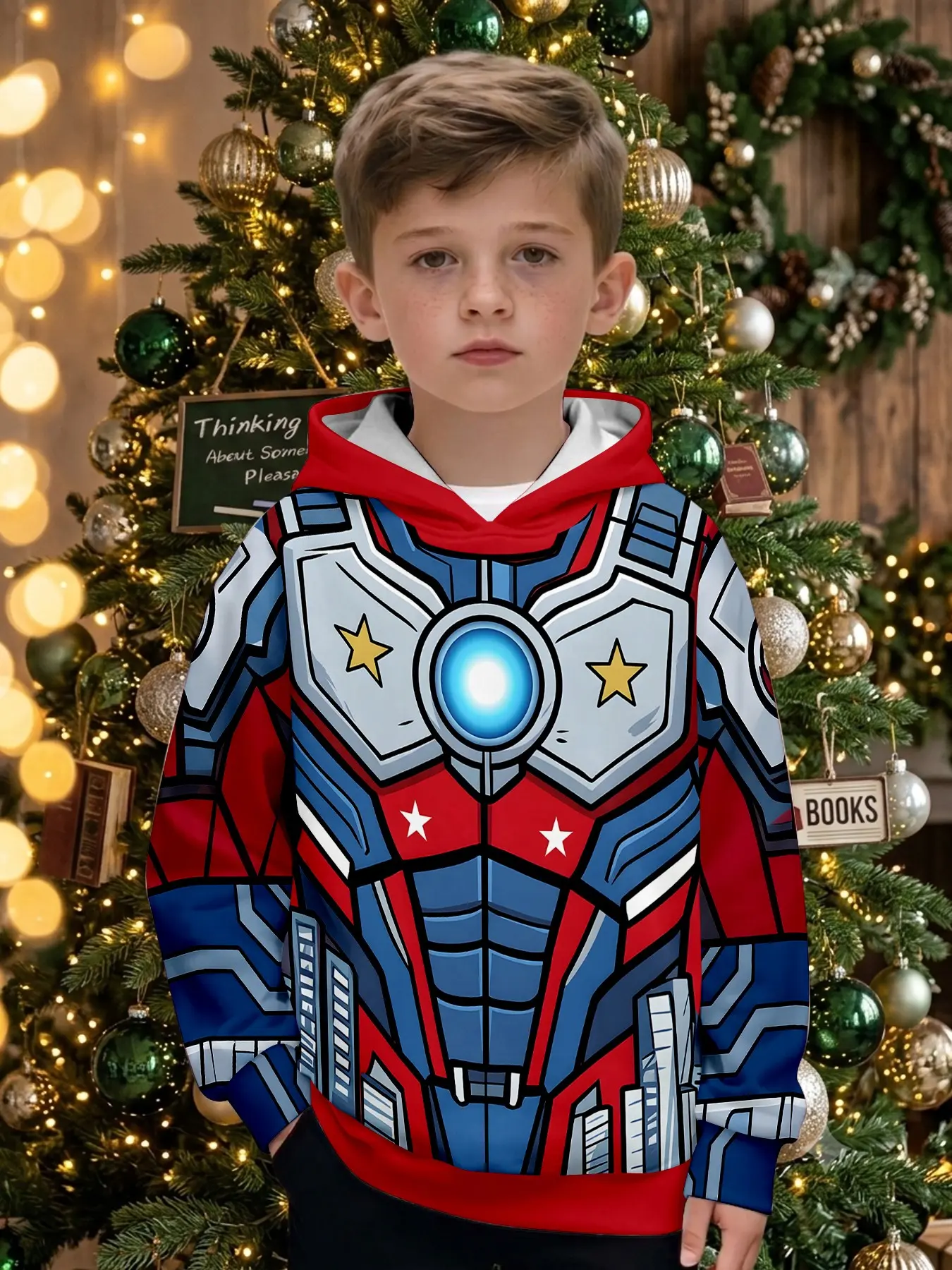 Superhero Mech Armor Print Boys' Hooded Sweatshirt, Casual Long Sleeve Top, Perfect for Outdoor Activities, Ideal Christmas Gift