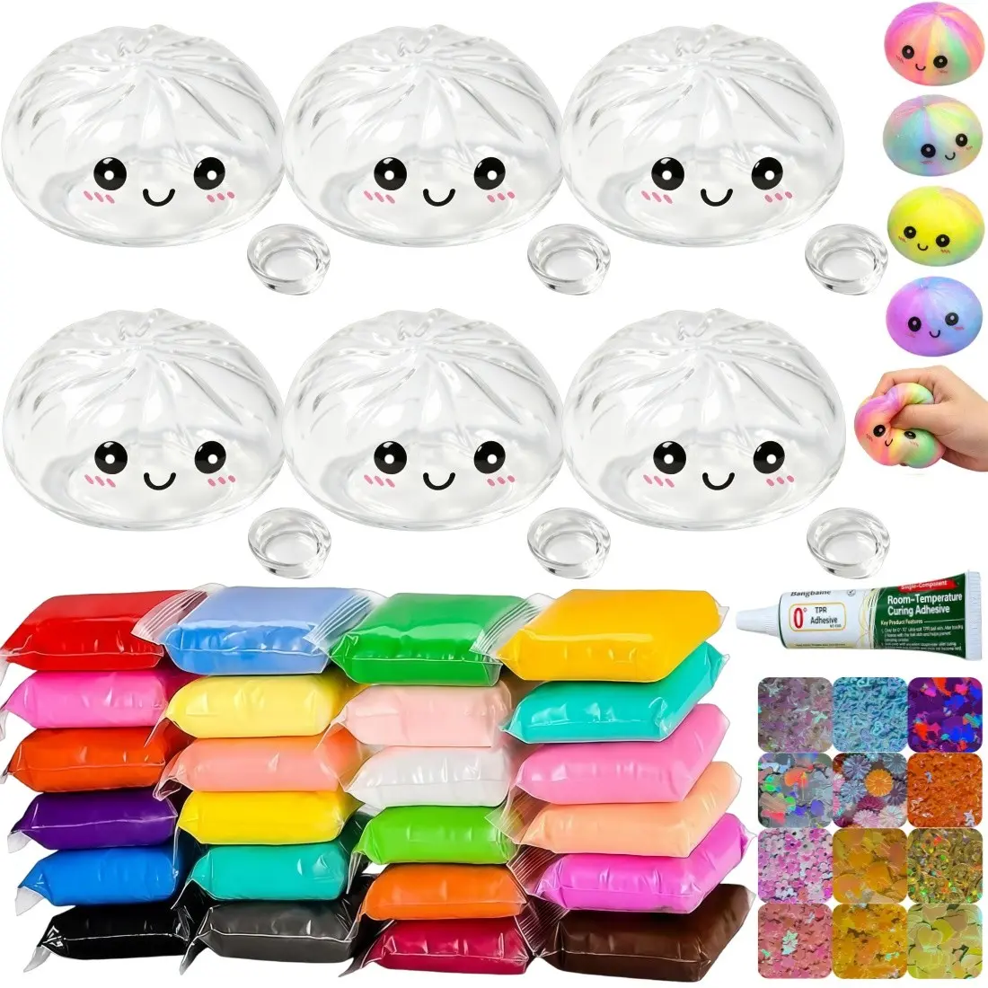 DIY Stress Ball Kit, includes 24 colors of clay, 12 colors of glitter powder, 6 dumpling skins. This set allows you to knead pressure balls. Suitable for adult stress relief soft balls. Beginner's making kit.