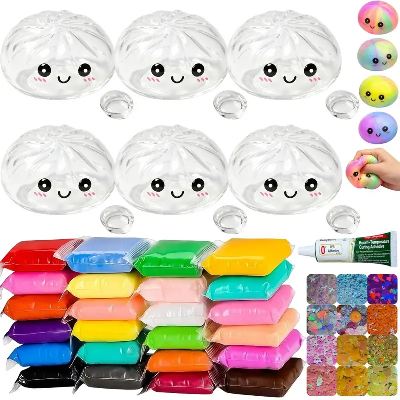DIY Stress Ball Kit, includes 24 colors of clay, 12 colors of glitter powder, 6 dumpling skins. This set allows you to knead pressure balls. Suitable for adult stress relief soft balls. Beginner's making kit Soft Squishy Fidgets
