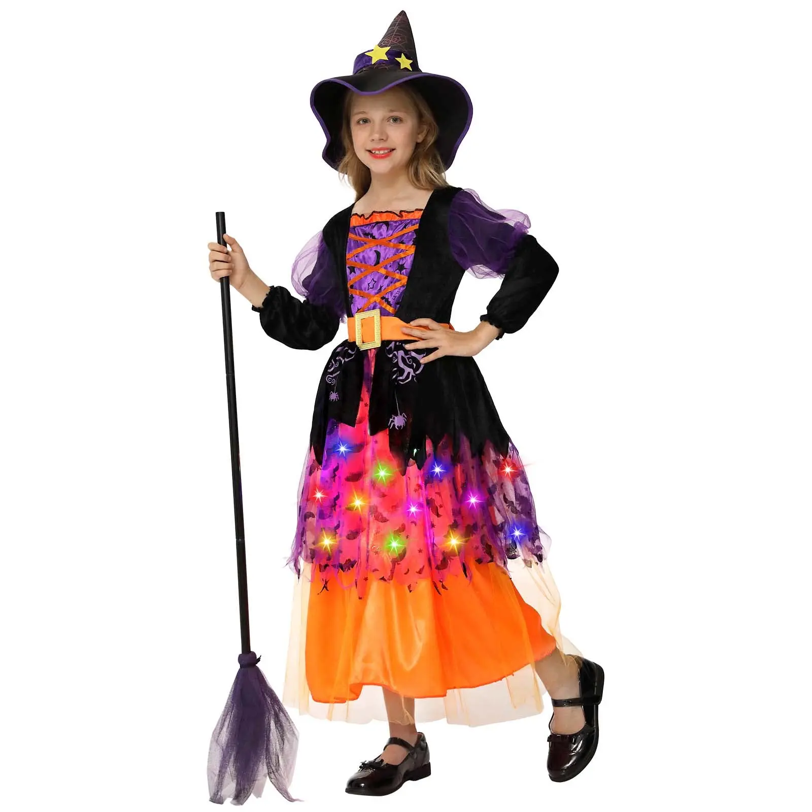 Light-Up Sparkle Witch Costume Dress Set for Toddler & Girls - LED Glow, Includes Witch Hat, Halloween Dress-Up Party Outfit - Orange - Size S/T