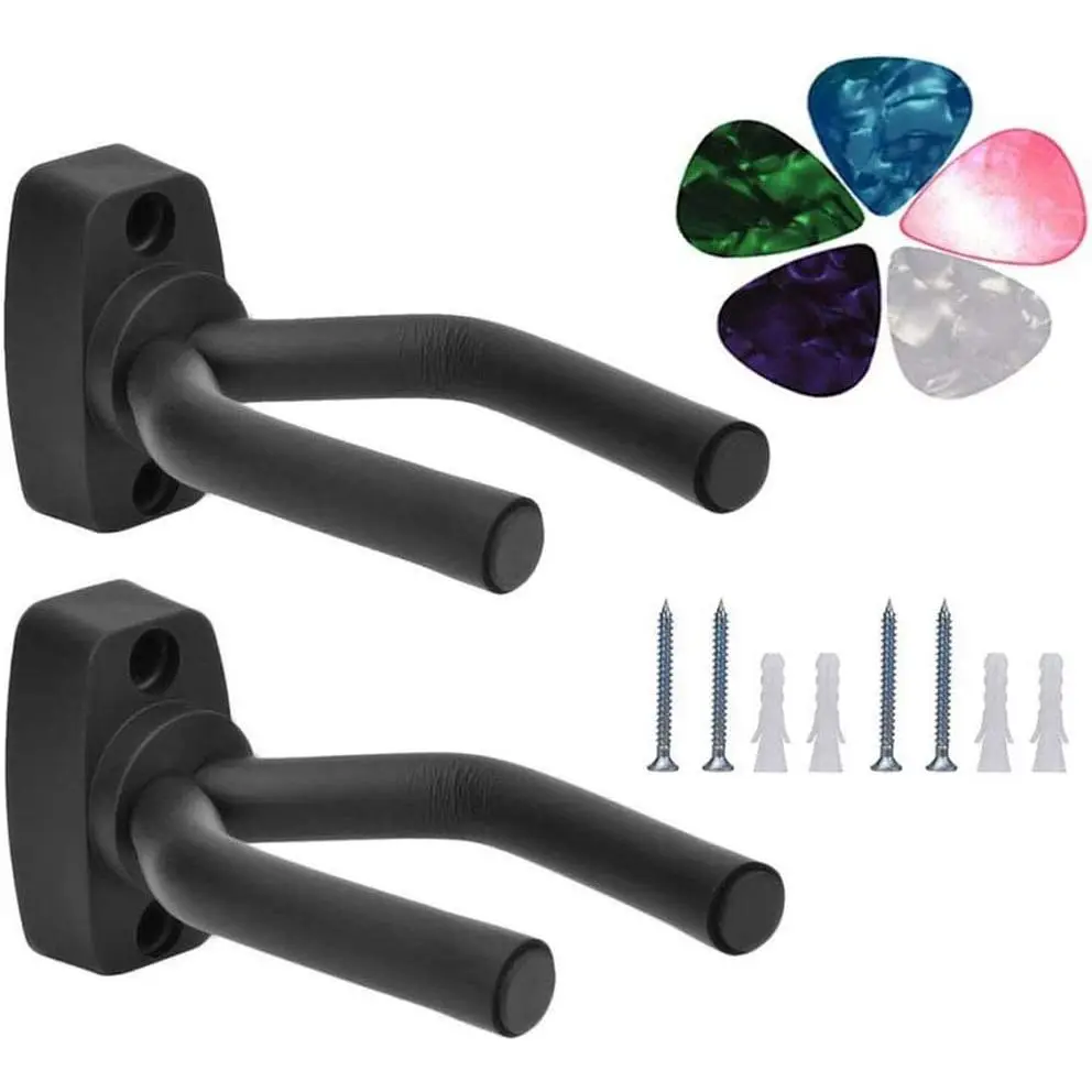 Guitar Mount Wall Hanger Stand Ukulele Wall Hook Keep Holder Mount Display 2 Pack with Guitar Picks Violin Wall Stand Mandolin Rack Bracket Bass Accessories Easy To Install(5 pack guitar picks)