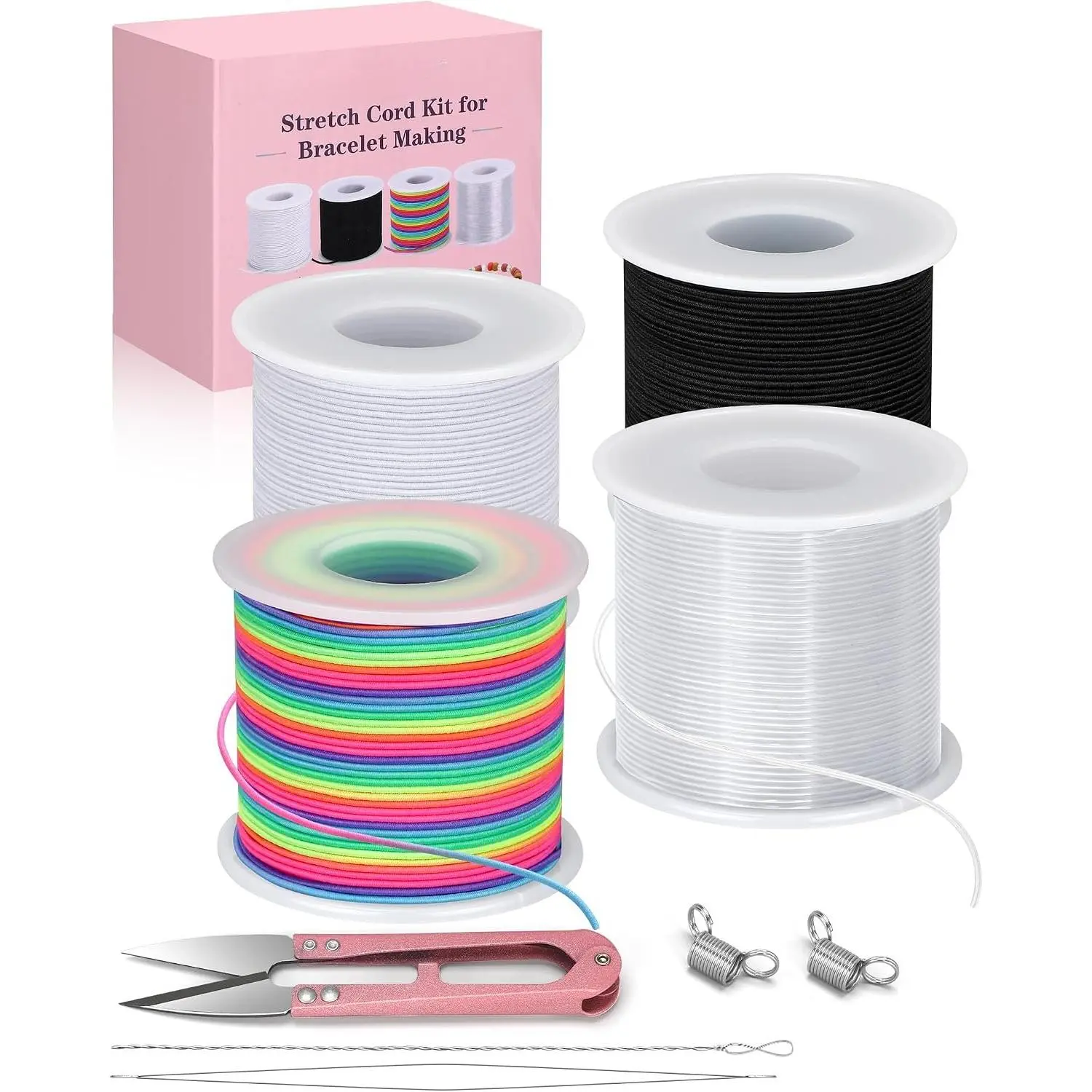 Bracelet String Kit, 4 Rolls 660FT Elastic String for Bracelets, 1mm Stretchy Cord for  Making Beading, Bracelet Making String, 4 Colors Black White Clear Rainbow