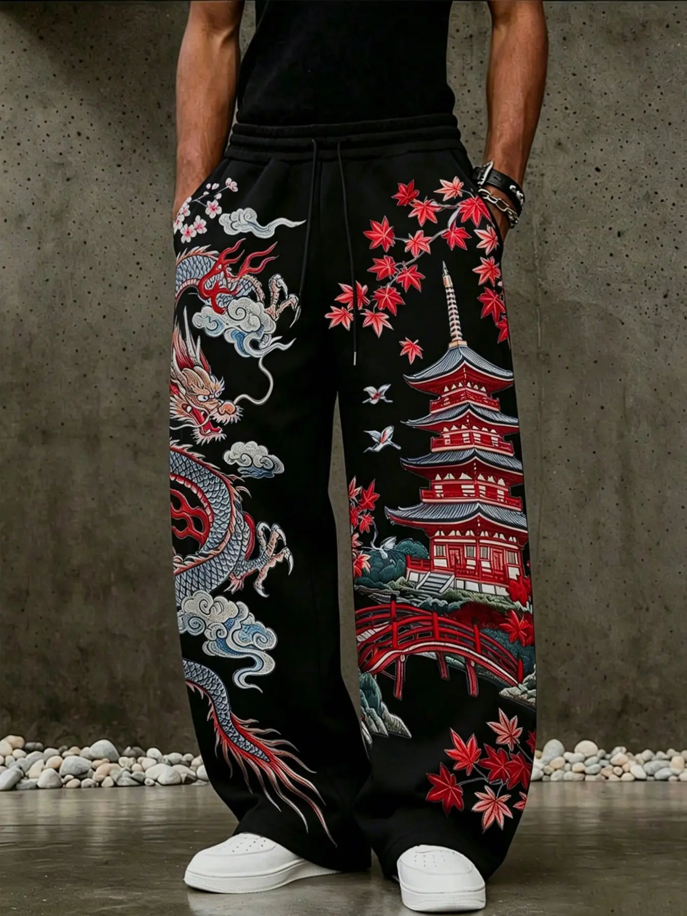Men Extra Wide Leg Baggy Sweatpants Soft Heavyweight Fleece Elastic Drawstring High Waist Side Pocket Track Pants, Casual Streetwear Trousers, Side Ukiyo-E Oriental Dragon Cherry Blossom Crane All Over Print Japanese Sukajan Trousers Y2K Harajuk