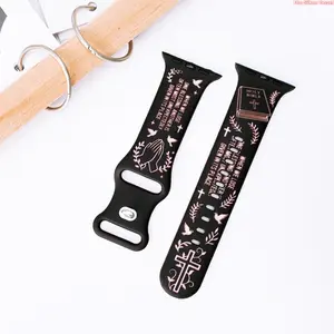 Pink Christian Bible Cross Dove Prayer Hands Print Silicone Watch Band Compatible With Apple Watch Series 10 9 8 7 Black Background Inspirational Faith Scripture Pattern Soft Sport Replacement Strap Religious Watch Accessories For Women