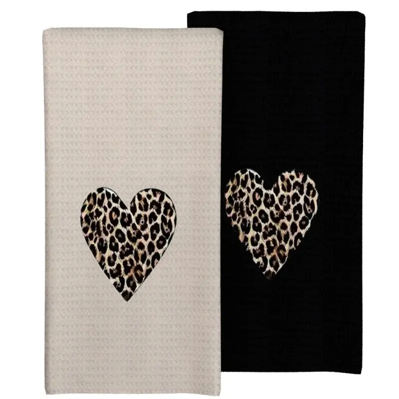 2-Pack Leopard Print Heart Kitchen Decorative Towels - Soft, Quick-Drying Dish Cloths for Kitchen, Bathroom, and Garden - Modern Housewarming or Valentine's Day Gift, Washable (Leopard Print)