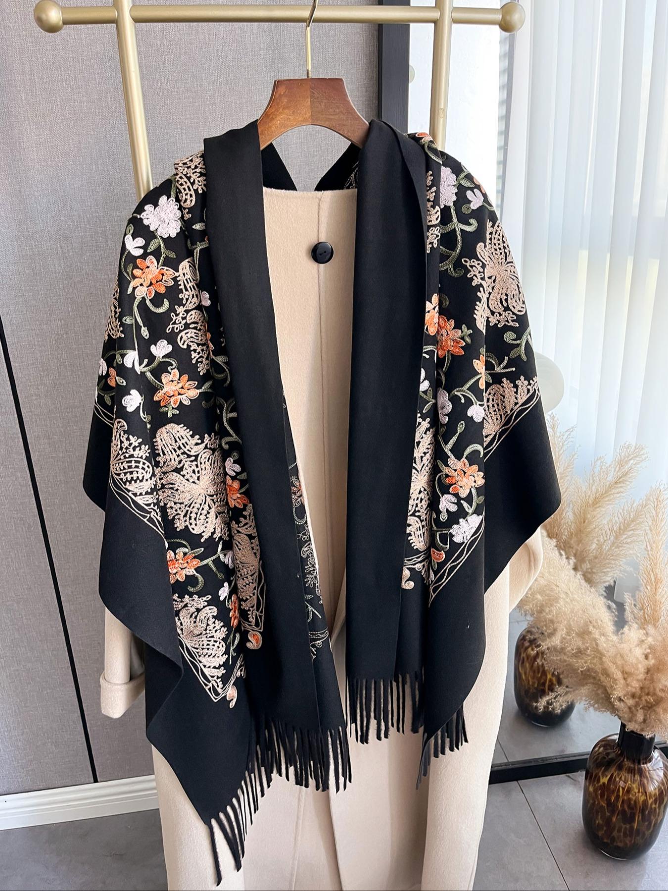 Boho Style Plant Embroidery Double Sided Scarf, Casual Soft Warm Fringe Trim Floral Embroidered Shawl for Women & Men, Fashion Accessories for Daily Wear
