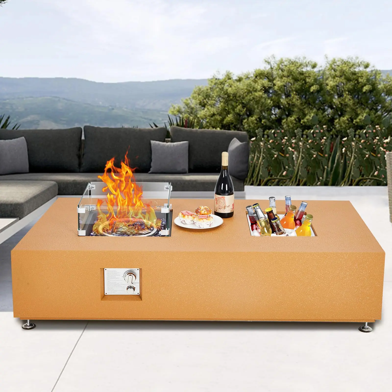 GARVEE 56" Propane Fire Pit Table with Ice Bucket50000BTU Fire Table with 13" Square Drink Ice Bucket Wind Guard,  Fire Glass Beads & CSA Safety Certified Outdoor Firepit for Patio Garden(Orange)