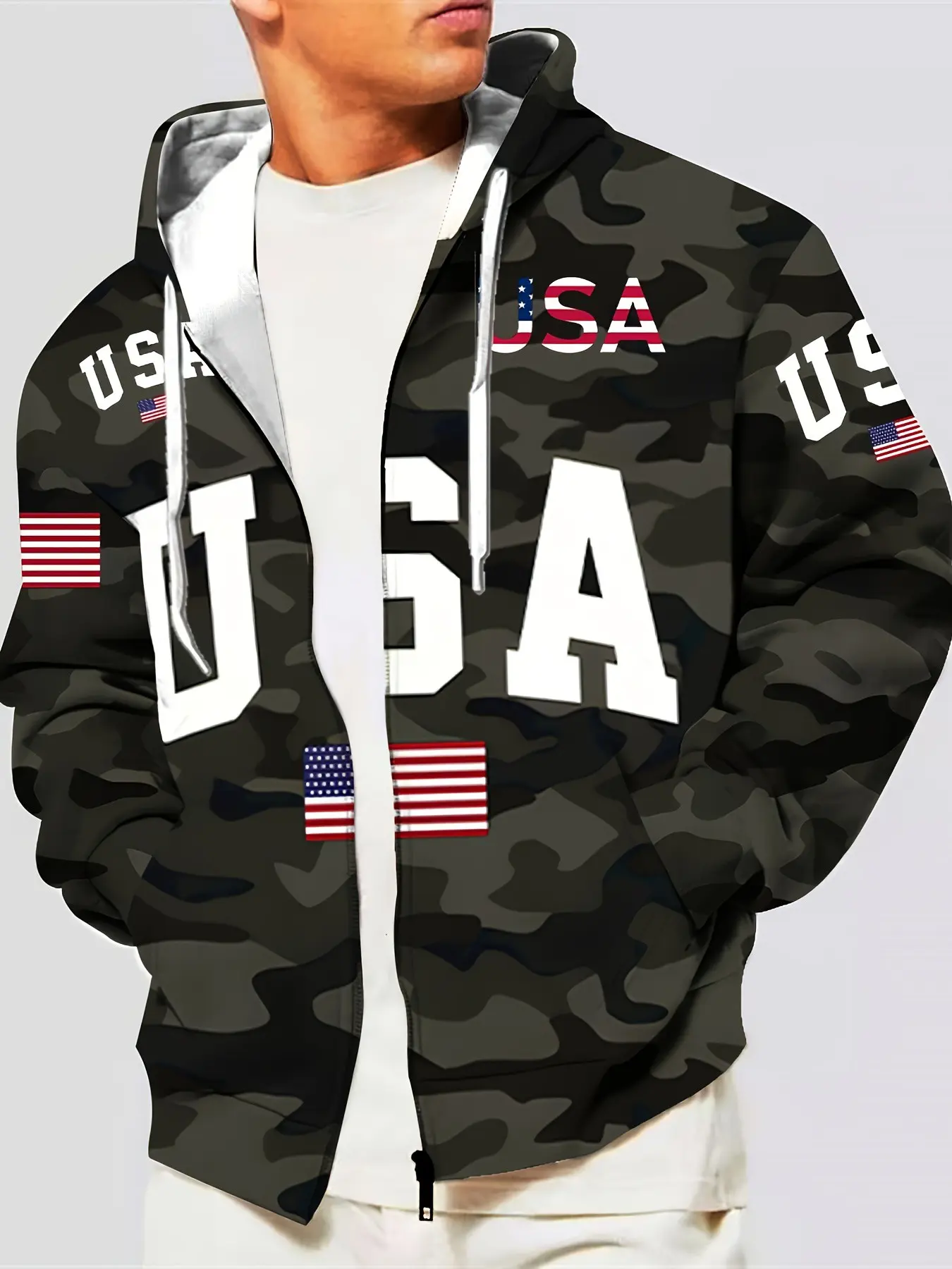 Men's Military Camouflage Usa Flag Print Zipper Hooded Jacket, Casual Loose-Fit Outer Vest, Comfortable Breathable Fabric
