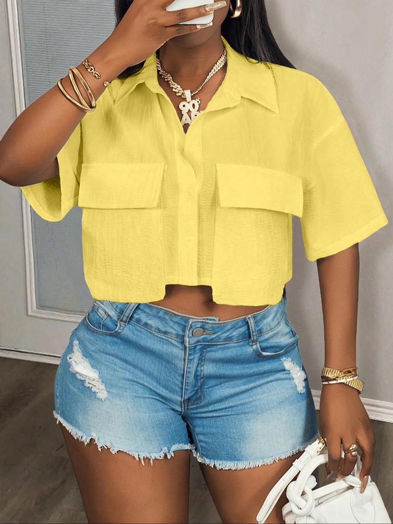 Women's Solid Color Short Sleeve Shirt, Casual Elastic Pocket Design Crop Top for Summer, Women's Clothing for Daily Wear, Casual Comfy Shirt