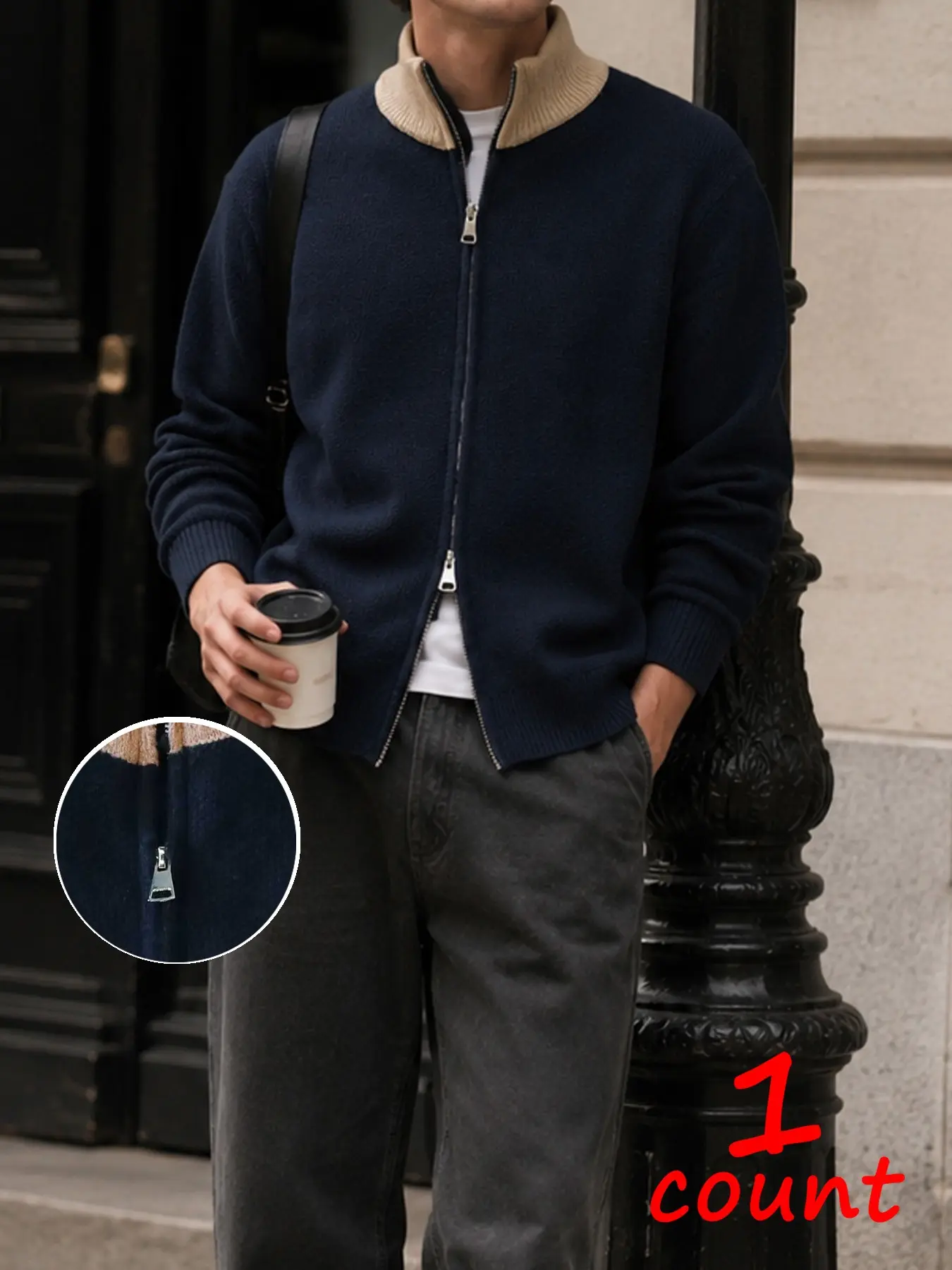 Men's Color Block Collar Full Zip Knit Cardigan, Navy Contrast Stand Collar Zip Up Sweater Jacket, Casual Outerwear for Fall Winter
