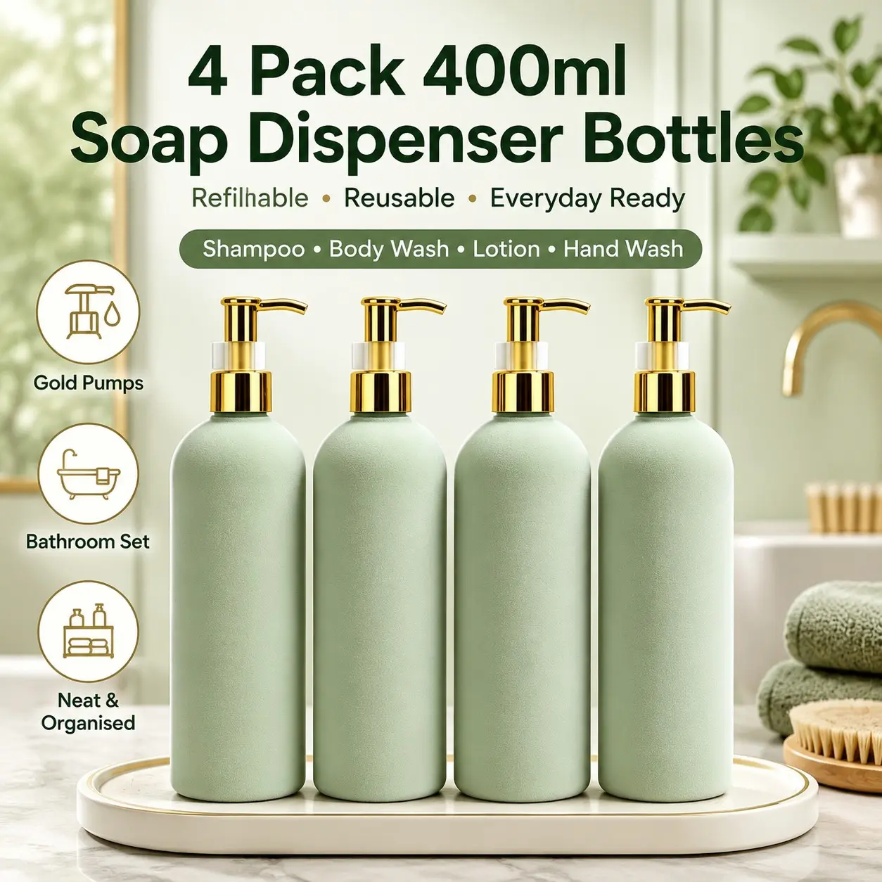 4 Pack 400ml Refillable Soap Dispenser Bottles with Gold Pumps, Matte Green Bottles for Shampoo, Body Wash, Lotion and Hand Wash