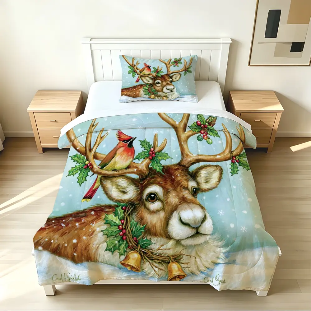 2/3pcs (1 comforter + 2 pillowcases) Christmas Reindeer & Cardinal Holly Berry Bedding Comforter Set, Microfiber Ultra Soft Lightweight Fabric, Fade Resistant, All Season Use, Matching Pillowcases Included, Perfect for Bedroom Guest Room Dorm, inclu