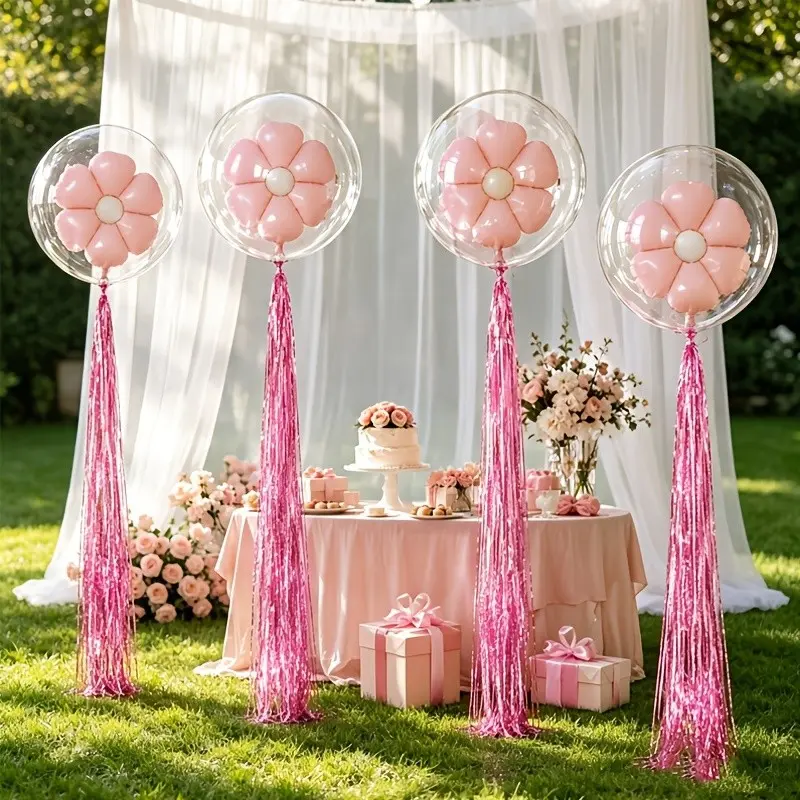 10Pcs Flower Bobo Balloon Set, 4Pcs Pink Flower Balloons & 4Pcs 24 Inch Clear Bobo Balloons with Glue Dots and Rain Tassels, Party Decor for Wedding, Proposal, Engagement, Birthday, Anniversary, Christmas & Room Decoration, Balloon Decorations Kit