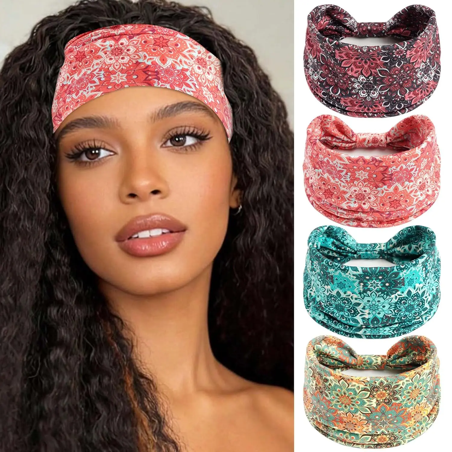Boho Headbands For Women Wide Floral Hair Band Fashion Knotted Head Wraps Non Slip Elastic Turban For Women's Hair Accessories Workout Daily Yoga Spa Makeup Travel 4 Pack