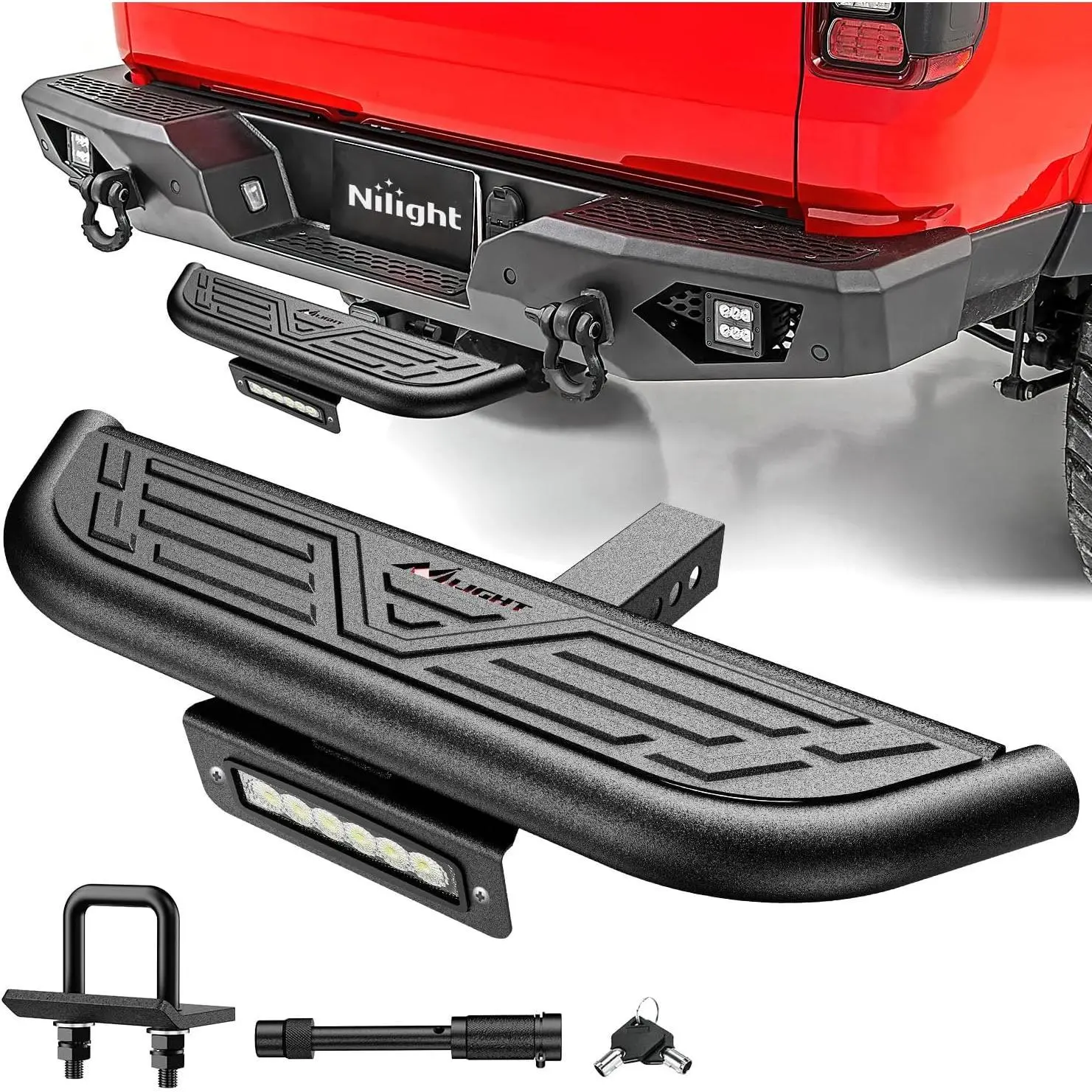 Nilight Hitch Step 2 Inch Receiver Universal with LED Light, Pin Lock and U-Bolts Stabilize,Rear Bumper Guard for Pickups Trucks Vans SUVs ATVs