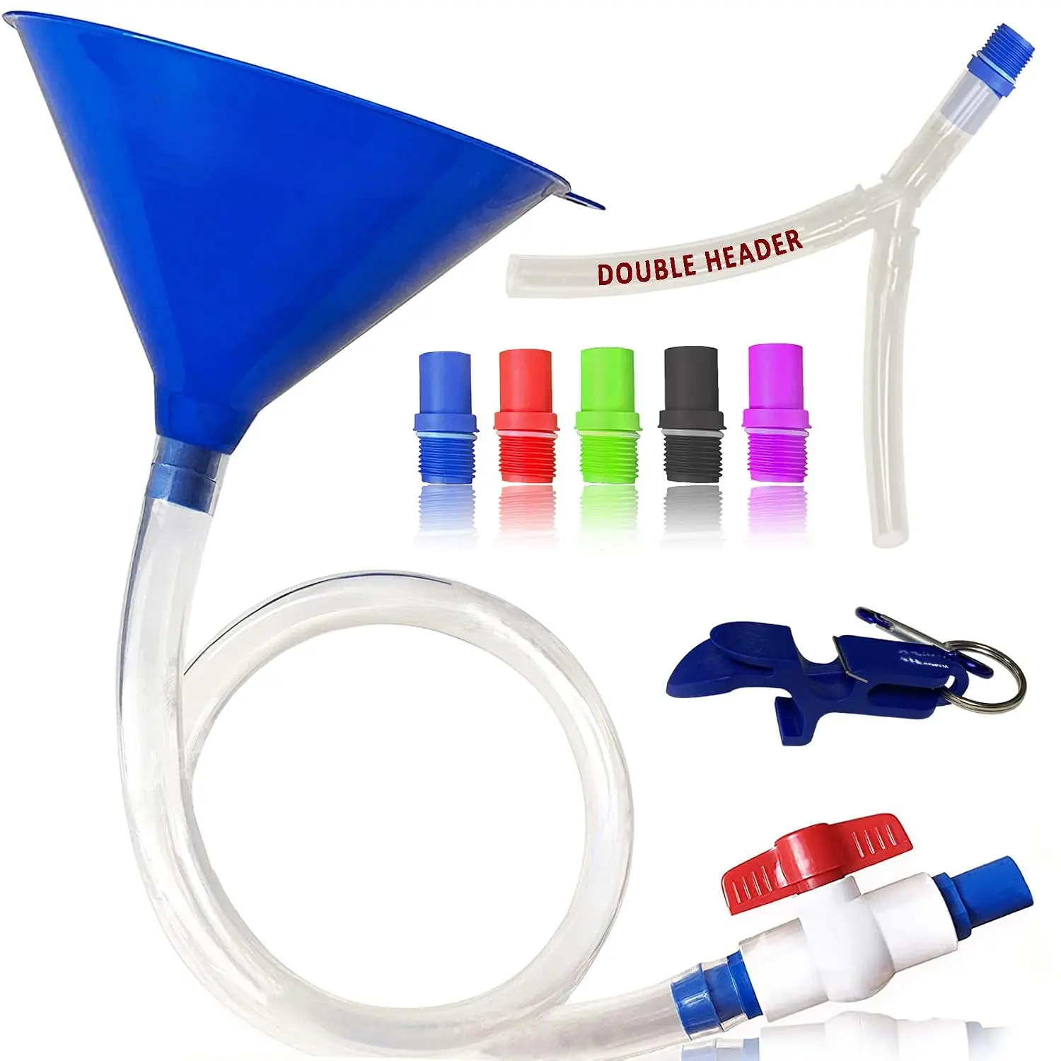Blue Beer Bong Funnel with Kink-Free Ridged Tube, Single/Double Header Attachment, 5 Interchangeable Mouthpieces, Valve, and Shotgun Keychain Tool for Outdoor Parties, Shootgun Keychain Tool, Beerbong Play, Zero Kink Ridged Tube
