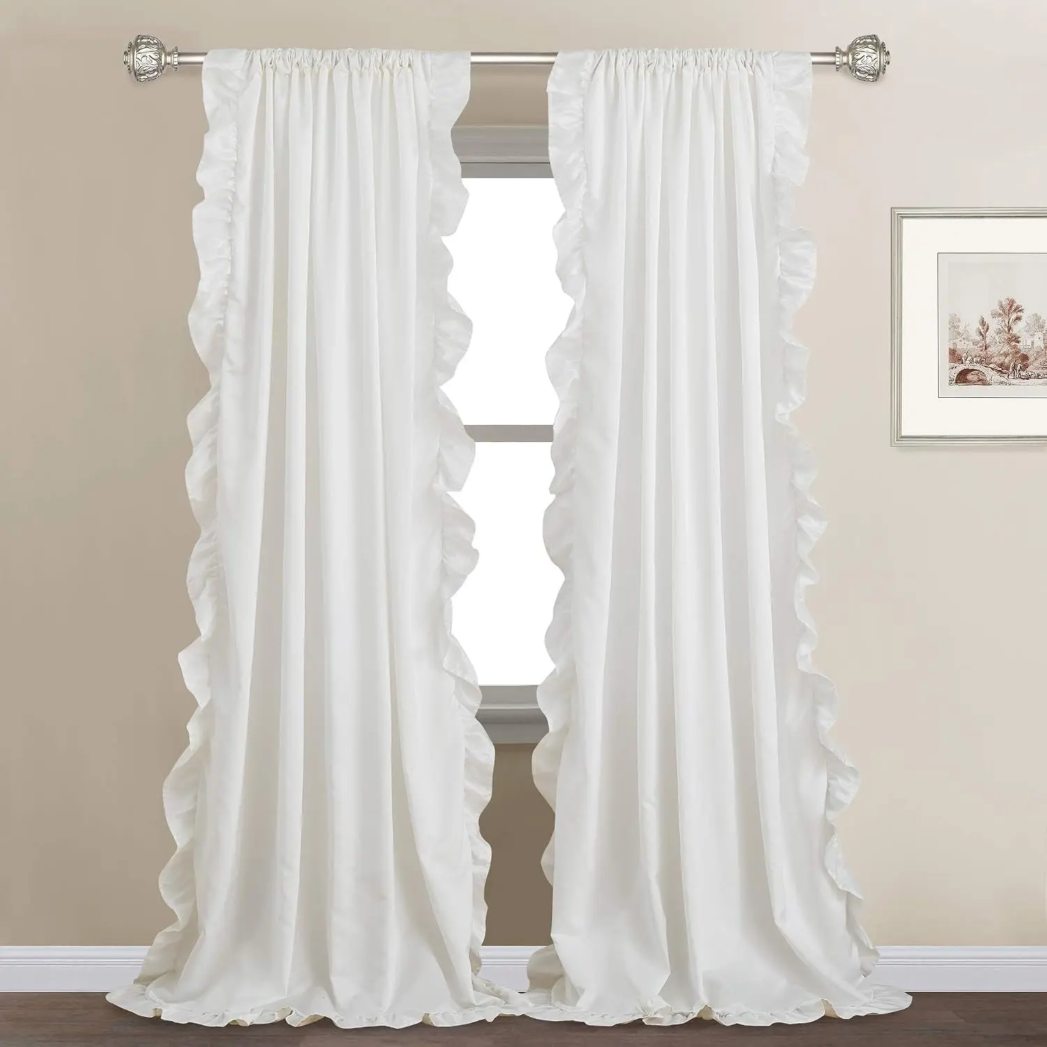 2-Panel White Ruffled Edge Silk Satin Window Covering (52x84in), Premium Cottagecore Light Filtering Privacy Drapes for Bedroom, Romantic Vintage Home Supplies Curtains, Two Panels