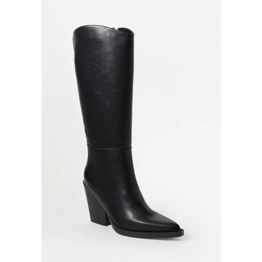 JUST FAB Women's Western Knee High Boots, Pointed Toe Cowboy Boots with 4 Inch Block Heel & Side Zipper, Suede Fall Boots