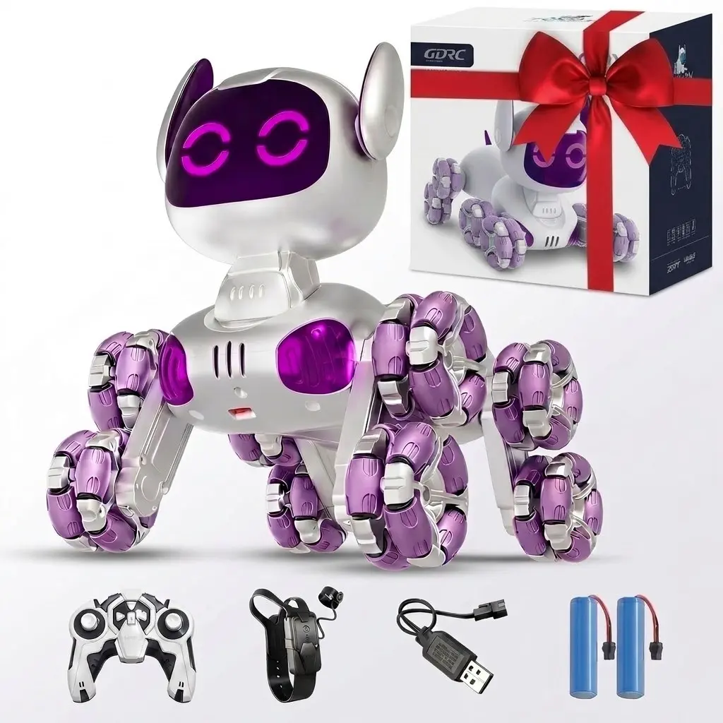 Gesture Sensing RC Robot Dog, 8-Wheel All Terrain Stunt Robot Pet, 2.4GHz Remote Control Interactive Toy, LED Expression Eyes & Music, 2 Rechargeable Batteries, Kids Birthday Christmas Gift for Boys Girls Ages 8-12