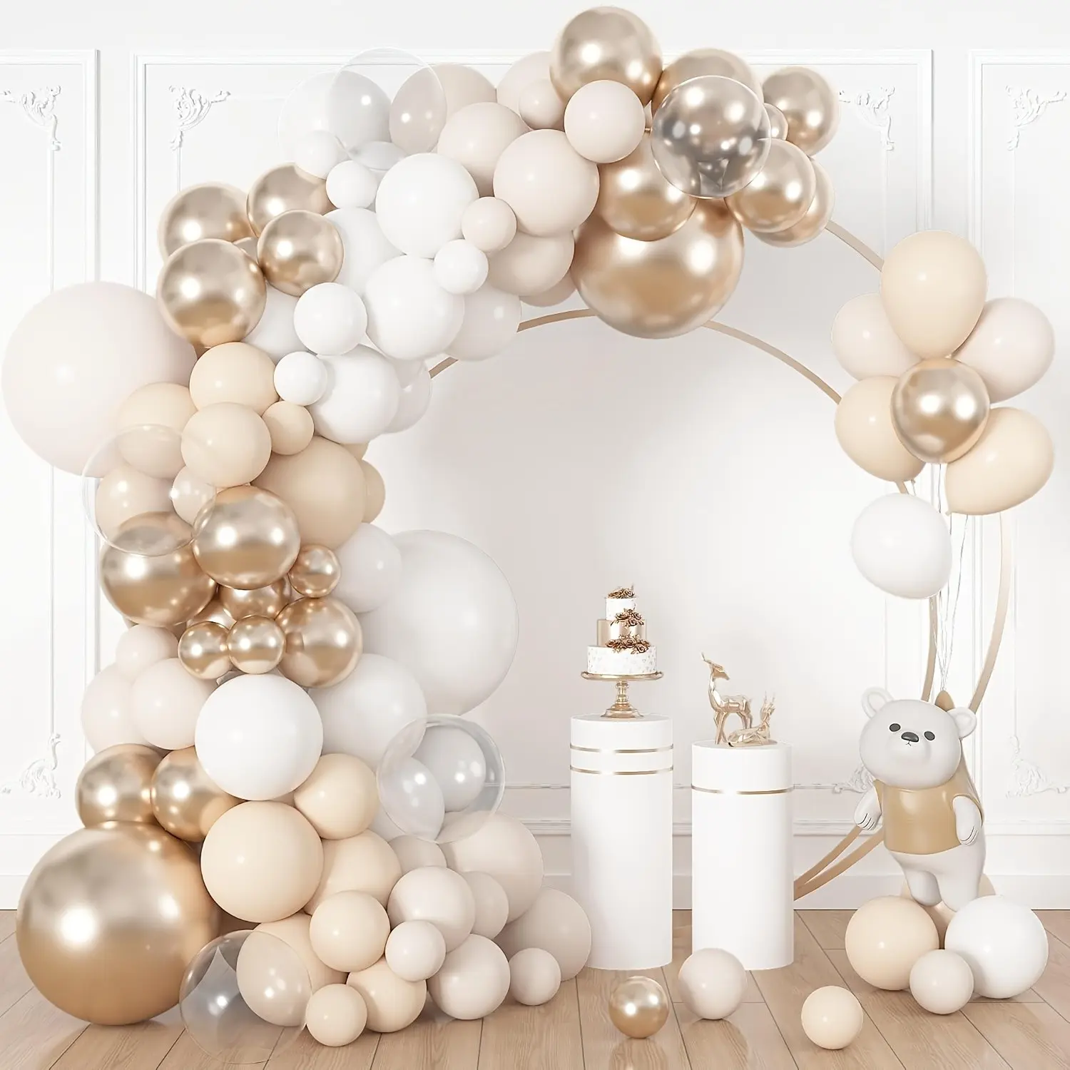 150pcs Champagne Gold Balloon Garland Set, Nude Cream Transparent Latex Balloons, Multi-Sized Combo for Neutral Style Parties