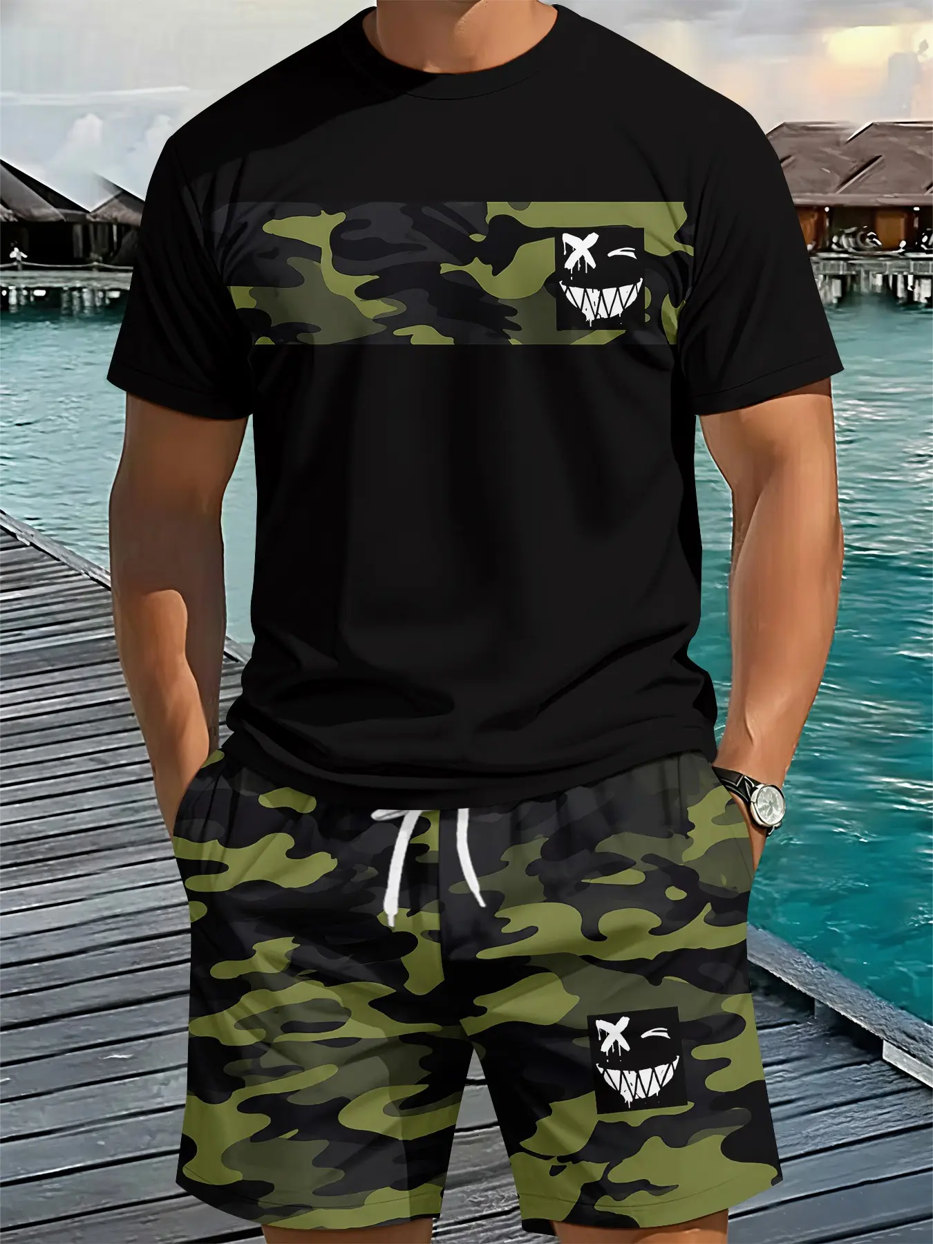 Men's 3D digital printed 2-piece set with camouflage mischievous grimace print, 2Pcs, trendy fashion suit, vintage casual two-piece outfit, stylish vacation wear, breathable sports casual style, an ideal holiday gift for men