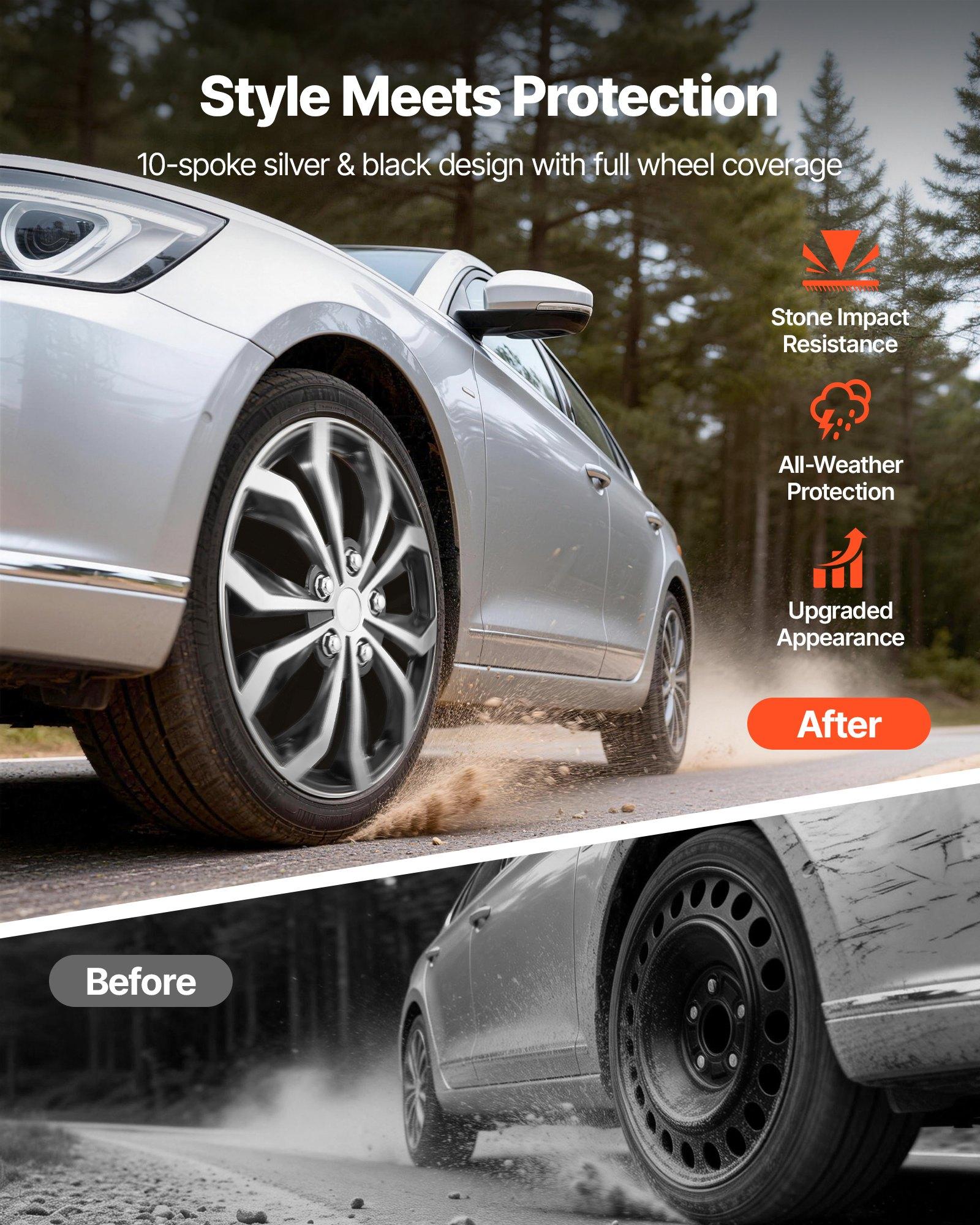 VEVOR Hubcaps Wheel Covers, 16 Inch Set of 4 Wheel Rim Cover Hubcaps OEM Replacement, R16 Size Snap On Car Hub Caps, Universal 10-Spoke ABS Tire Rim Caps for Hyundai Chevrolet Ford Honda, Silver/Blac VEVOR Hubcaps Wheel Covers, 16 Inch Set of 4 Wheel Rim Cover Hubcaps OEM Replacement, R16 Size Snap On Car Hub Caps, Universal 10-Spoke ABS Tire Rim Caps for Hyundai Chevrolet Ford Honda, Silver/Blac