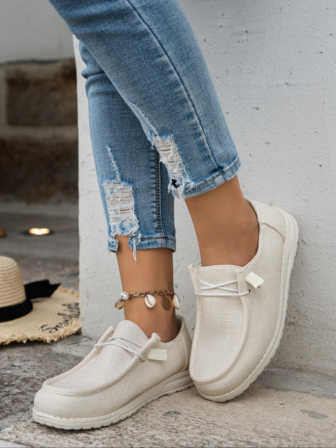 Women's Fashionable Plain Color Round Toe Lightweight Slip Ons Style Sneakers, Lightweight Breathable Comfortable Lace-up Flats Shoes, Casual Comfortable Sports Walking Shoes, Casual Breathable Footwear