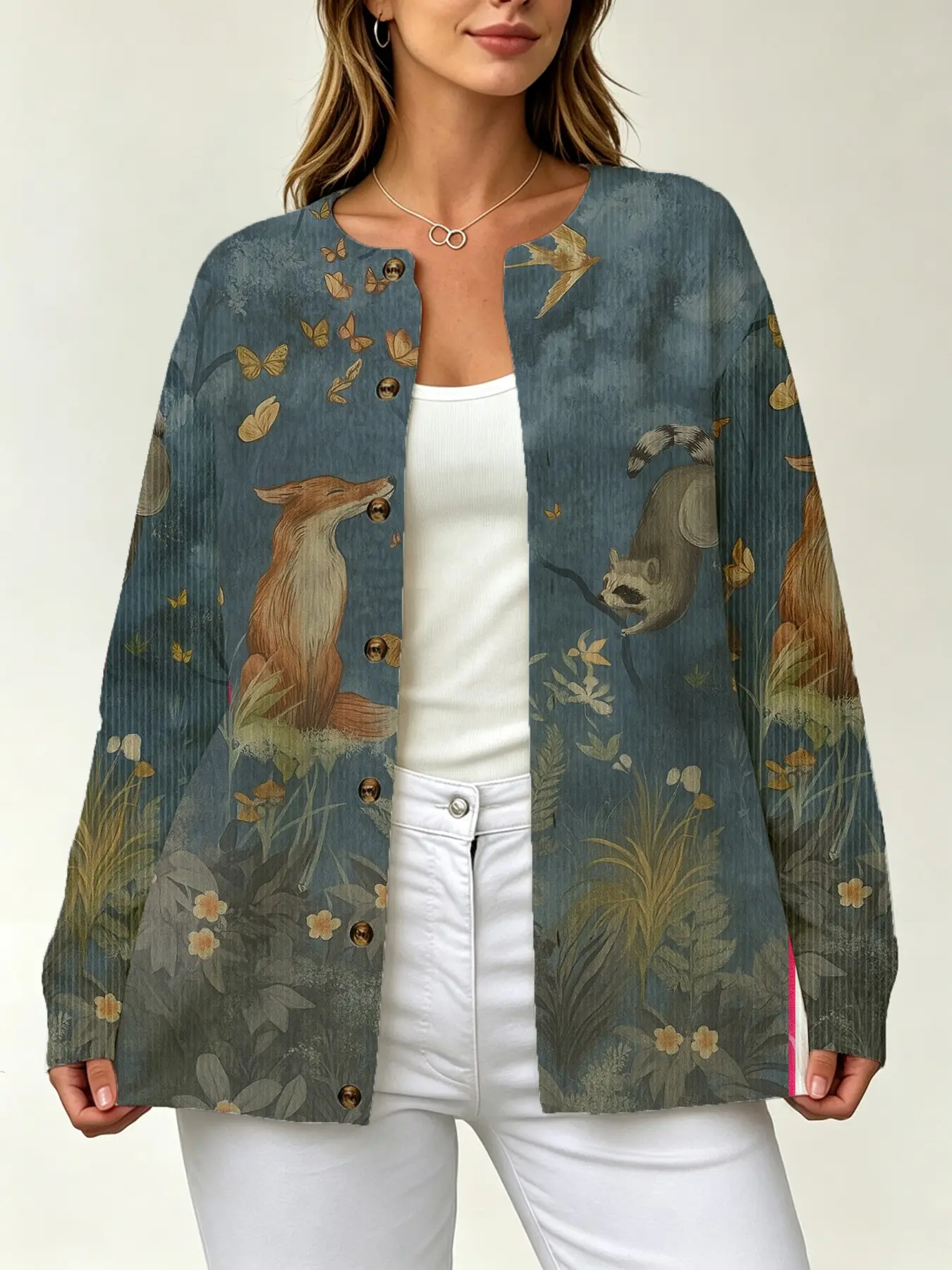 2026 Women's New American Oil Painting Jungle Animal Print Knit Cardigan, Vintage Long Sleeve Loose Fit Outerwear for Fall & Winter