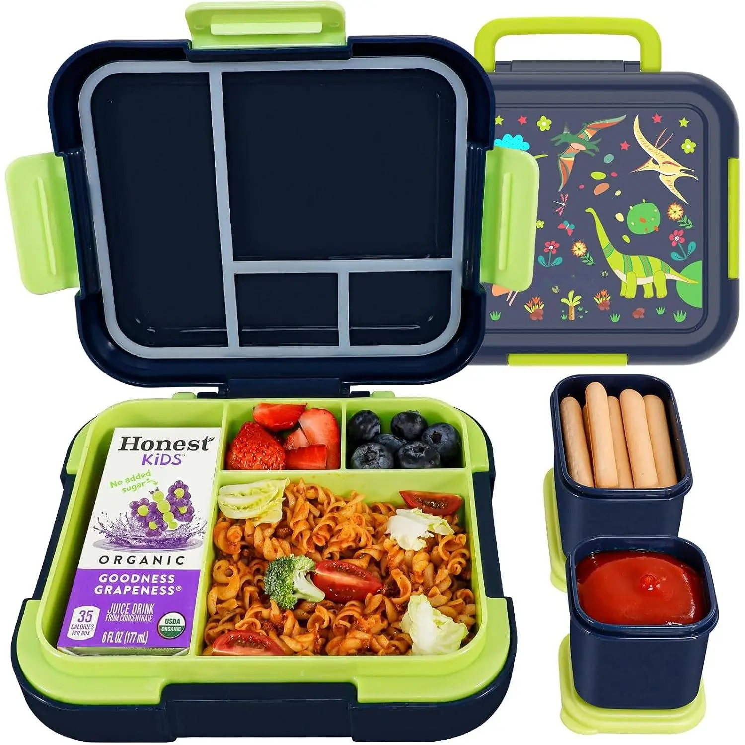 Bento Box for   4-8 - Leak-Proof  Lunch Box Container with 2 Modular Containers & 4-Compartment, Hold 4.8 Cups, Portable Handle, , Microwave/Dishwasher Safe (Dinosaur)